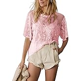 Aimiray Women's Sexy Lace Tops Short Sleeve Round Neck Mesh 3D Printed Floral Sheer Blouse See Through Layering Shirt Tops