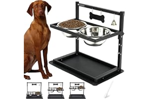 TIDANT Elevated Dog Bowls, Raised Stand for Large and Medium Dogs, Adjustable Height With Two 58oz Stainless Steel Food Bowls and Spill Proof Mat