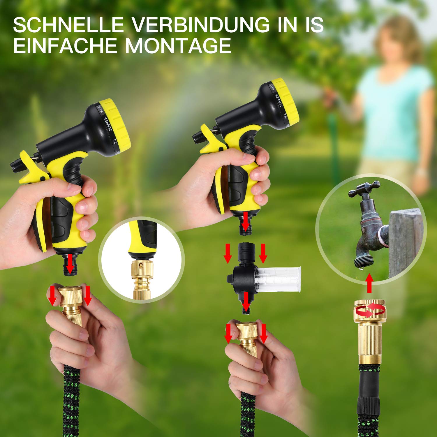 Pimpimsky Garden Hose, Hose Flexible 15M Extended Water Hose with Stainless Steel Spray Gun Brass Adapter 9 Styles Shower 100ML Solution Can Save Space Easy for Gardening Car Wash (15M/50FT)