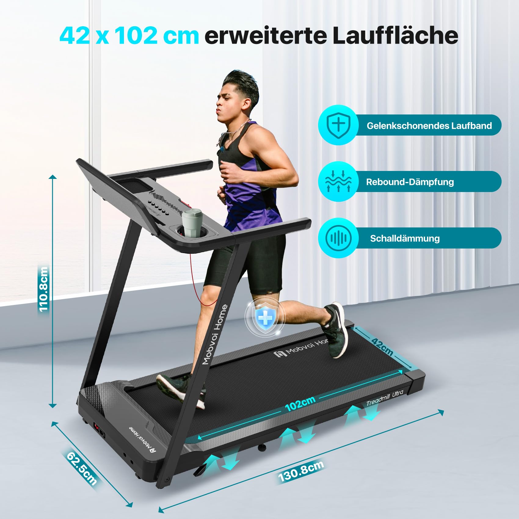 Mobvoi Home Laufband Ultra Intelligente KI 3-in-1 Gehpad mit 6% Steigung 2,5 PS Laufband zum Gehen und Laufen Halterung für Tasse Telefon Laptop Große Lauffläche TicSports Zwift Kinomap 12km/h 120kg 7