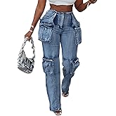 Women Straight Stretch Cargo Jeans Leg Side Zipper Slit Denim Y2K Pants with Multi Pockets