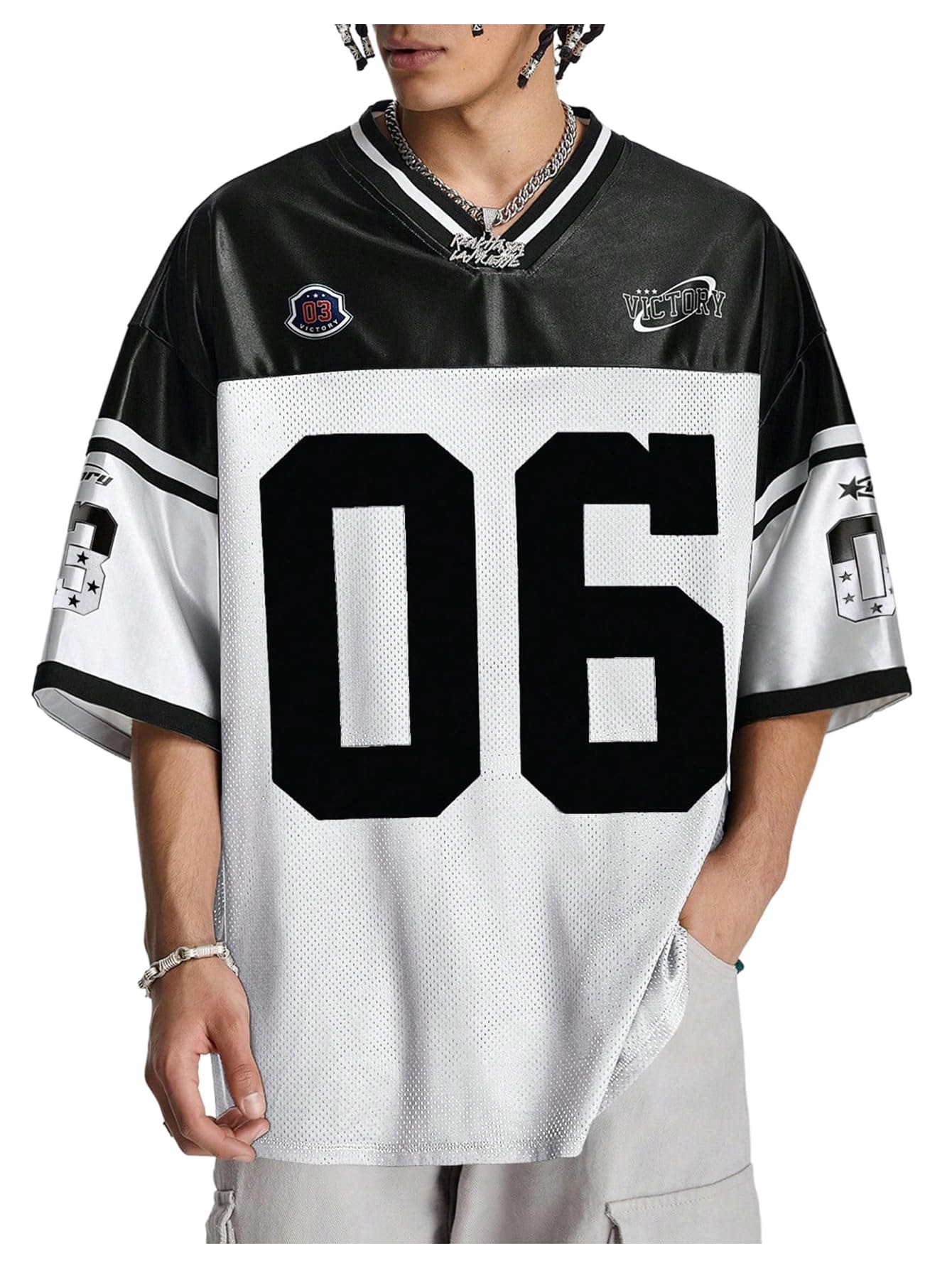Photo 1 of Verdusa Men's Jersey Oversized Graphic Tee V Neck Short Shoulder Casual T Shirts Black White X-Large