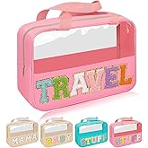 Chenille Letter Patch Travel Bag, Preppy Clear Makeup Cosmetic Bag Large Toiletry Storage Tote Bag with Handle, Transparent Nylon Waterproof Organizer Zipper Pouch for Travel Women Girls(Pink)