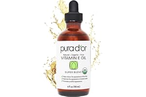 PURA D'OR 4 Oz Organic Vitamin E Oil – USDA Certified Face, Body, Hair & Bath Oil with Argan, Jojoba, Rosehip, Apricot, Almond & Avocado – Lightweight Moisturizing Blend for Soft, Smooth Skin