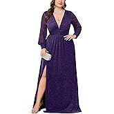 TIARALY Plus Size Sparkly Formal Maxi Dress Long Sleeve Deep V-Neck Mesh Dresses with Slit Cocktail Wedding Evening Gown