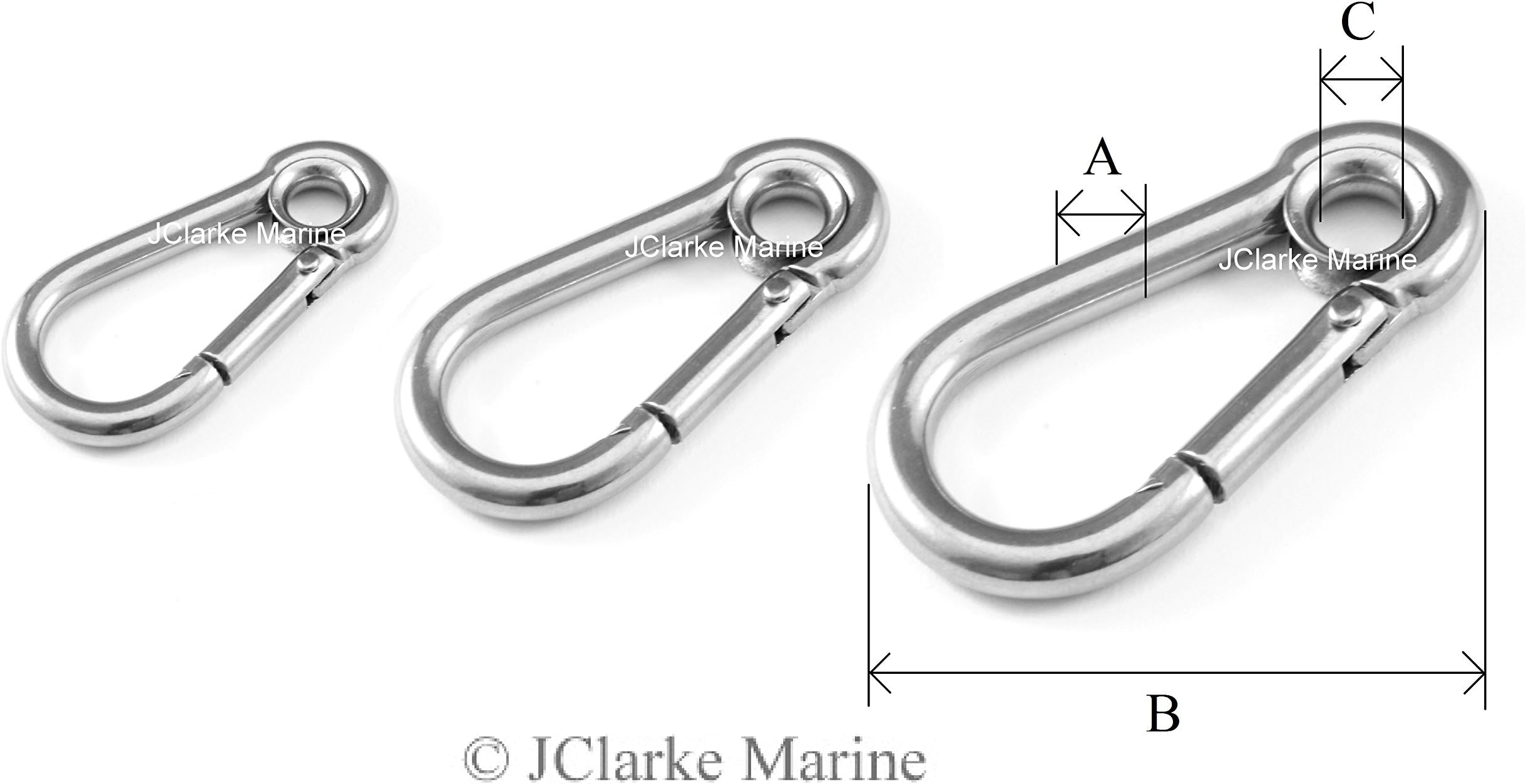 J Clarke Marine Pack of 2 - Carabiner snap hook with eyelet 316 A4 stainless steel 50mm, 60mm, 70mm, 80mm, 100, 120mm, 140mm
