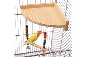 Lelepet Bird Wood Perch Platform Stand, Pet Bird Climbing Swing Toy, Parakeet Perches for Cage, Bird Corner Shelf, Wooden Flat Perch for Cockatiel Budgie Conure Parrot, Funny Bird Cage Perch with Bell