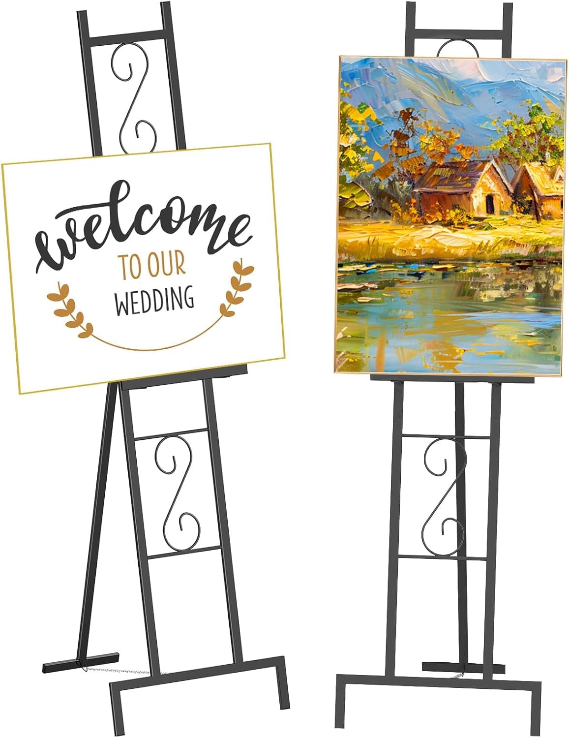 Photo 1 of 2 Pack Easel Stand for Sign, Metal Easels with Chain Support, Adjustable Free Standing Painting Rack for Display, Poster Picture, Wedding Sign,17" x 17" x 58", Black