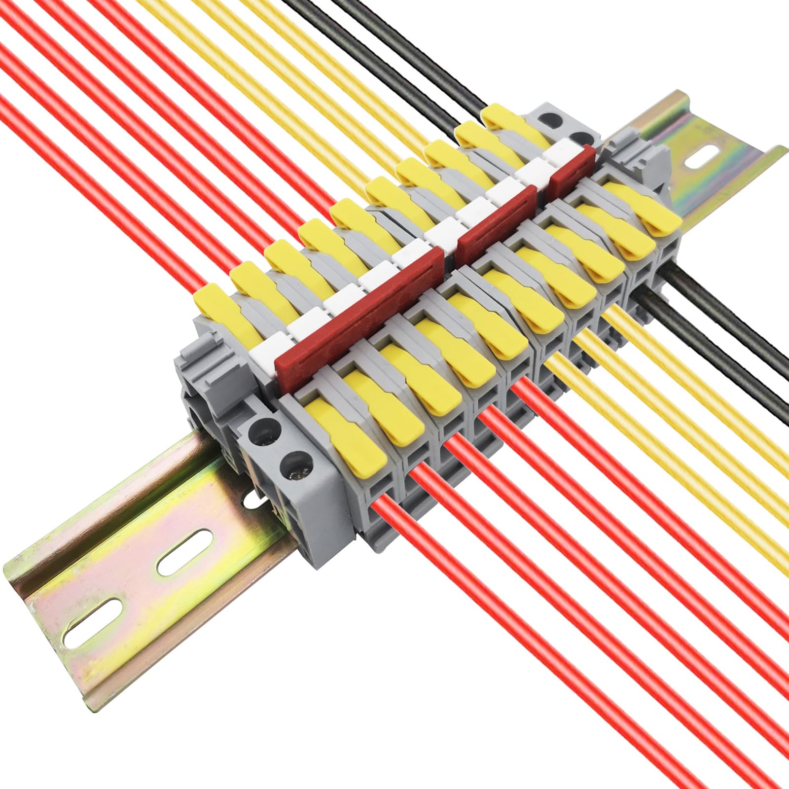 Din Rail Terminal Block, CTRICALVER Universal Class Terminal Blocks Kit, 10 pcs Yellow Wire Terminal Connectors, with Blank Marker Strips,Securing clipand Connection bar