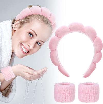 FRIUSATE Puffy Bubble Headband 2 Wristbands Skincare Spa Makeup Pink