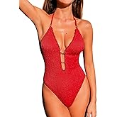CUPSHE Women's One Piece Swimsuit Plunging Neck Bathing Suit Halter Straps Adjustable Swimwear Shiny Ribbed Scalloped