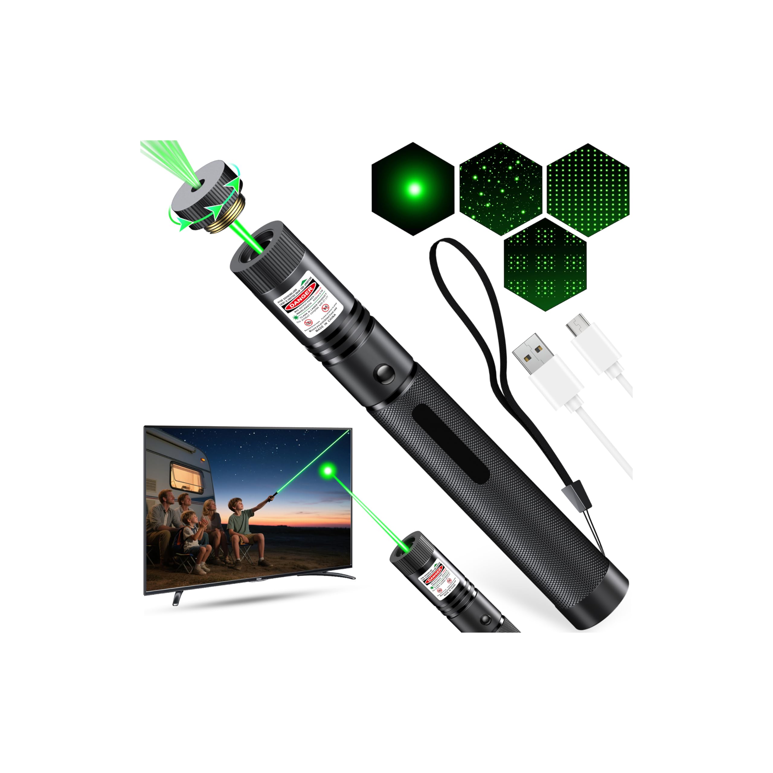 Photo 1 of [Professional]USB Rechargeable High Power Green Pointer, Long Range with Star Cap&5 Adjustable Modes, Tactical Flashlight for Construction, Astronomy, Outdoor Hunting,Hiking&Camping, Presentations