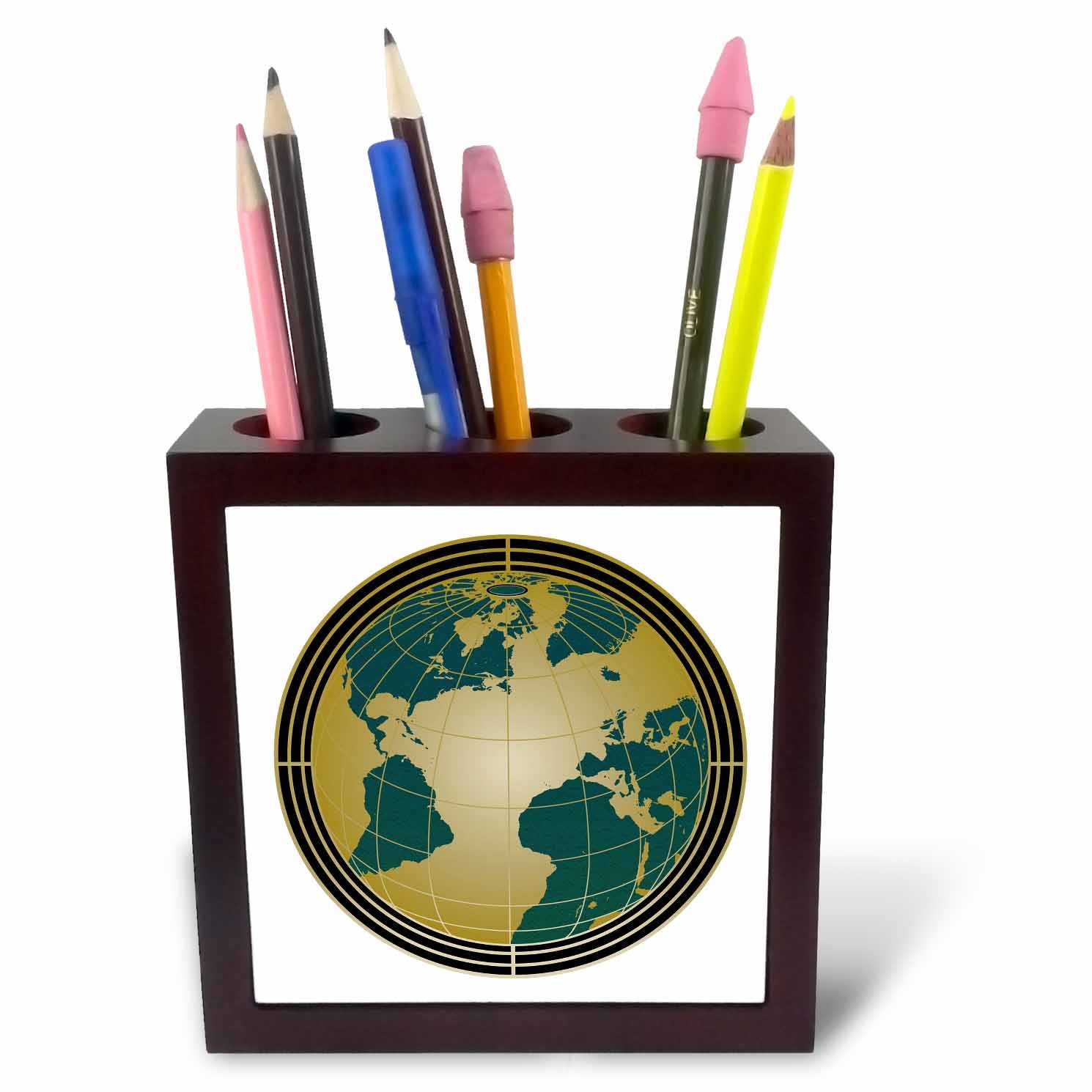 3dRose Gold and Blue Green Art Deco World Globe Design - Tile Pen Holder, 5-Inch (Ph_252871_1)