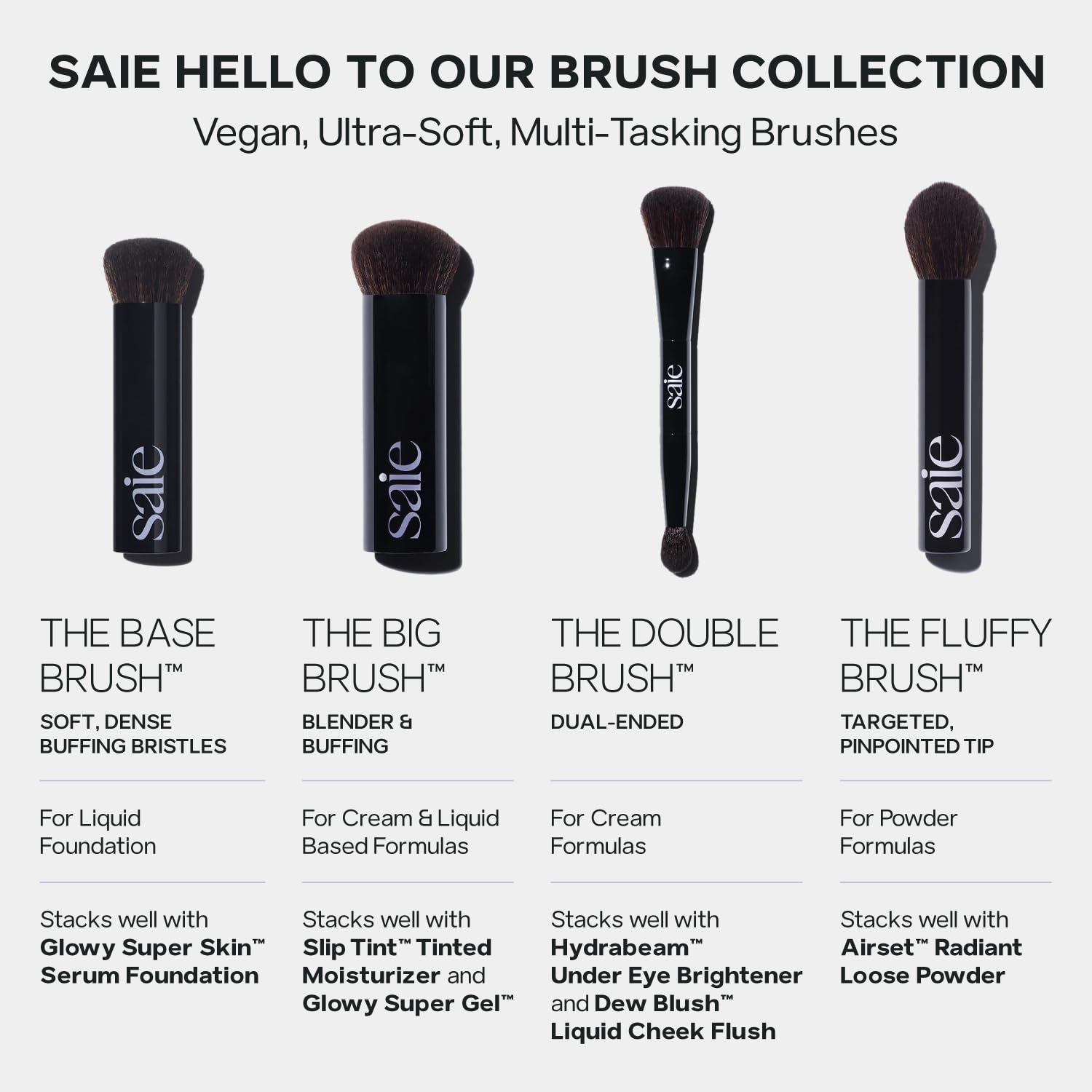 Saie The Double Brush - Dual Ended Makeup Brush For Powder and Cream Formulas - 2 Ultra-Soft Makeup Brushes in 1 for Precise + All-Over Application - Conceal, Highlight, and Sculpt - Vegan (1 Count)