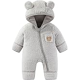 JiAmy Baby Snowsuit Fleece Bunting - Newborn Winter Bear Onesie Warm Hooded Romper with Foldover for Infant Boys Girls