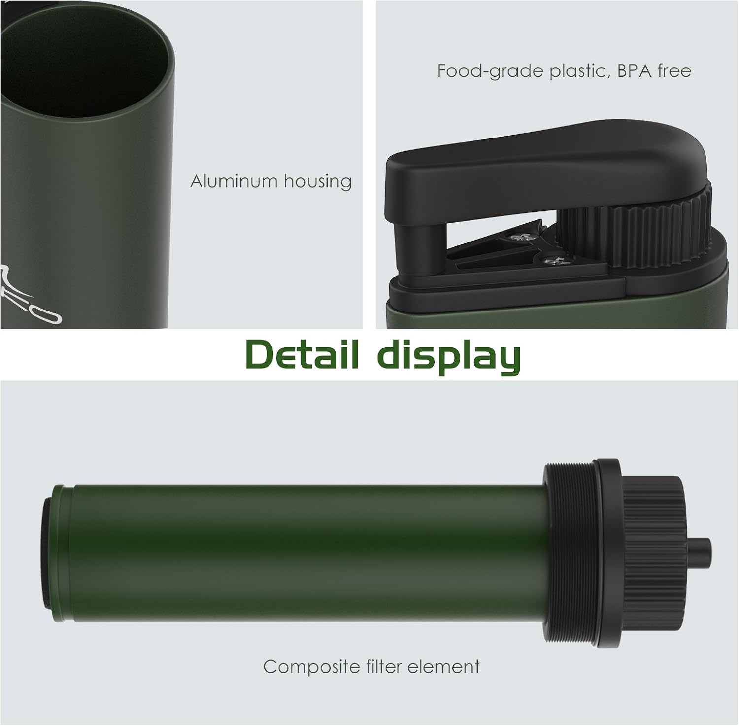 MoKo Portable Water Filter, Emergency Personal Camping Water Purifier, with Internal Carbon and Ultra Filter Assembly, 0.01 Micron Absolute Hollow Fiber Membrane, BPA Free, Matte Finish Army Green : Clothing