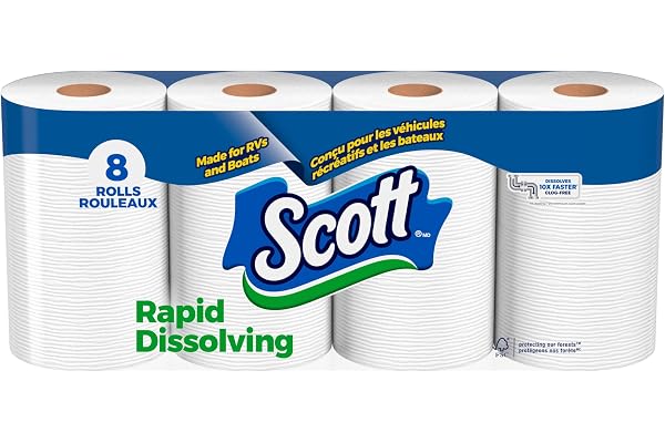 Scott Rapid-Dissolving Toilet Paper, Double Rolls, 8-Pack | Sustainable, Septic-Safe, RV Use, Breaks Down Quickly to Prevent