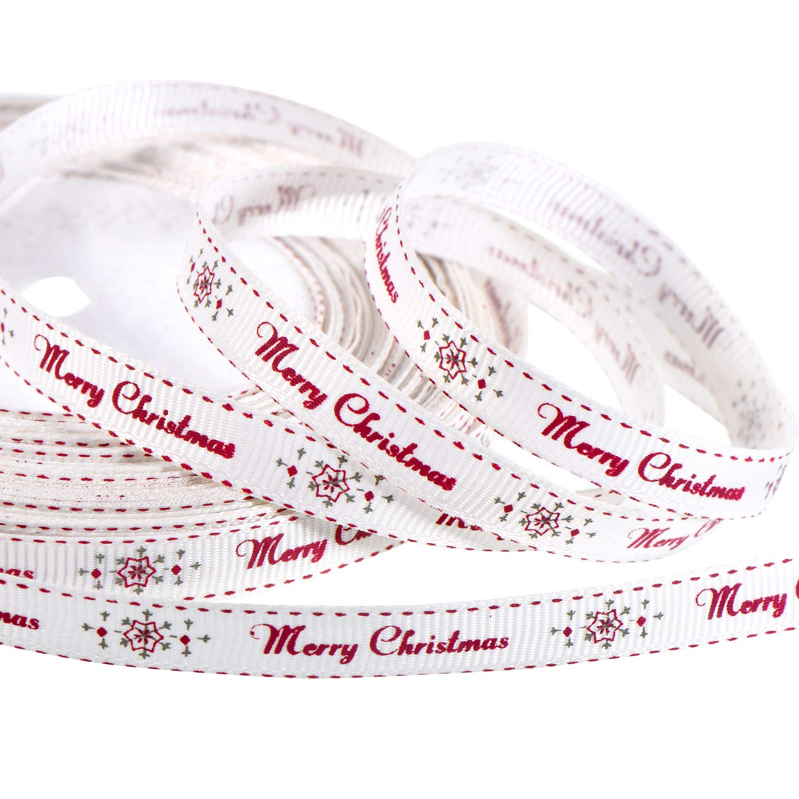 98.4 Feet White Merry Christmas Ribbon Roll for Craft Gift Wrapping Xmas Snowflake Ribbon for Present Packaging Holiday Party Decorations Favors Supplies, 10 mm Wide