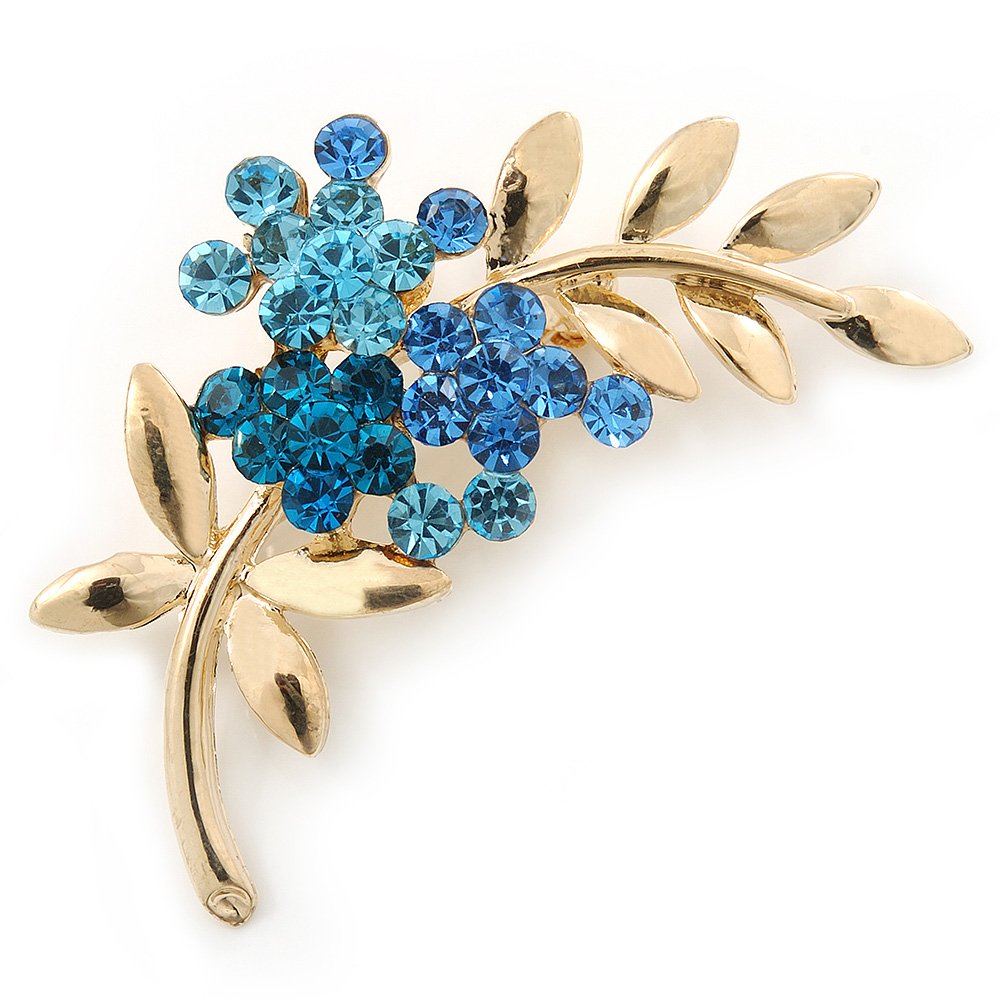 Blue Diamante Floral Brooch In Gold Plating - 50mm Length