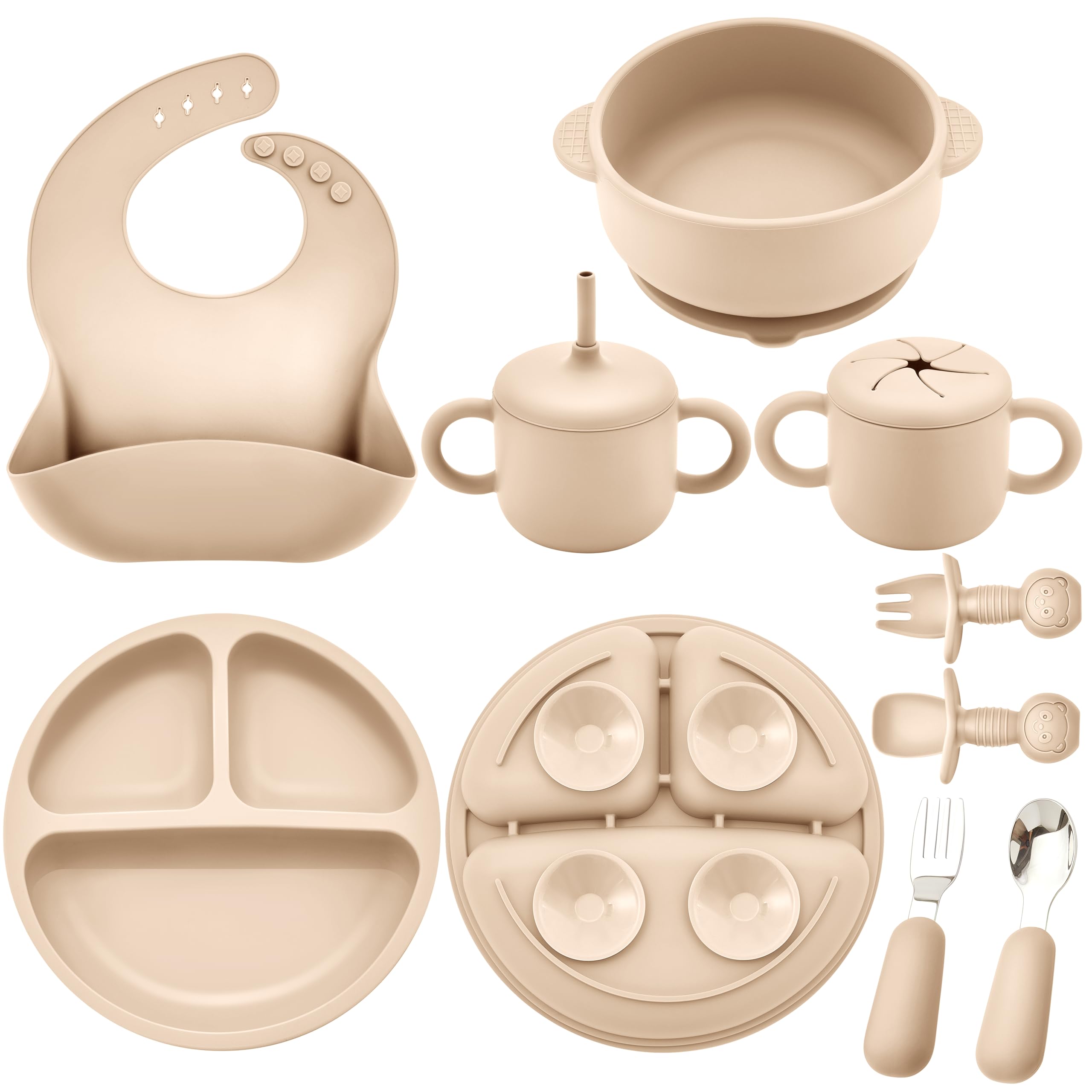 Photo 1 of Bufims Silicone Baby Feeding Set, Baby Led Weaning Supplies, Eating Essentials Utensils with Suction Plate and Bowl, Pocket Bib, Sippy Cup with Lid, Forks Spoons Snack Container, for 6+ Months, Beige