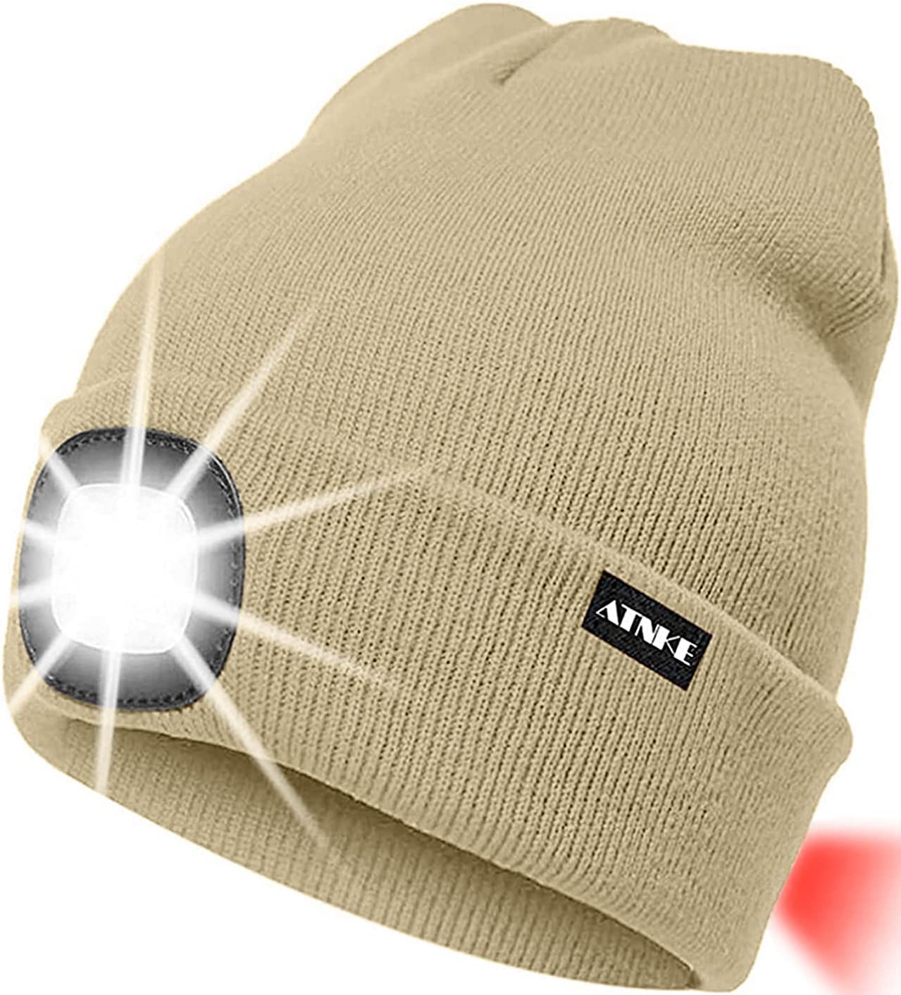 ATNKE 8LED Lighted Knit Hat,USB Rechargeable Running Headlamp Cap Ultra Bright Waterproof Light Lamp and Flashing Alarm Red Tail Light Multi-Color (Beige)