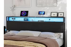 IKIFLY King Size Storage Headboard with LED Lights & Charging Station - Industrial Metal and Wood King Headboard Only for Bedroom, Attach Frame, Easy Assembly - Black