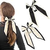 2PCS Knotted Bow Hair Scrunchies Elastic Scarf Black White Hair Ties with Bow Satin Scrunchies Bands Long Ribbon Scrunchy Ponytail Holder for Women and Girls