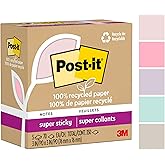Post-it 100% Recycled Paper Super Sticky Notes, 2X The Sticking Power, 3x3 in, 5 Pads, 70 Sheets/Pad, Wanderlust Pastels Coll