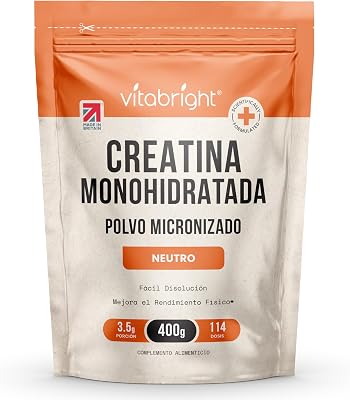 Creatina Monohidratada en Polvo Micronizado | Bolsa de 400 g | 114 Raciones | Creatina Monohidrato Polvo Ultrafino 200 Mesh de Fácil Disolución (No en Gominolas) | Vegana | Vitabright Creatine
