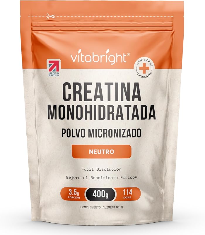 Creatina Monohidratada en Polvo Micronizado | Bolsa de 400 g | 114 Raciones | Creatina Monohidrato Polvo Ultrafino 200 Mesh de Fácil Disolución (No en Gominolas) | Vegana | Vitabright Creatine