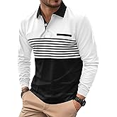 VOGSTART Mens Striped Golf Polo Shirts Color Block Long Sleeve Casual Shirt (S-XXL)