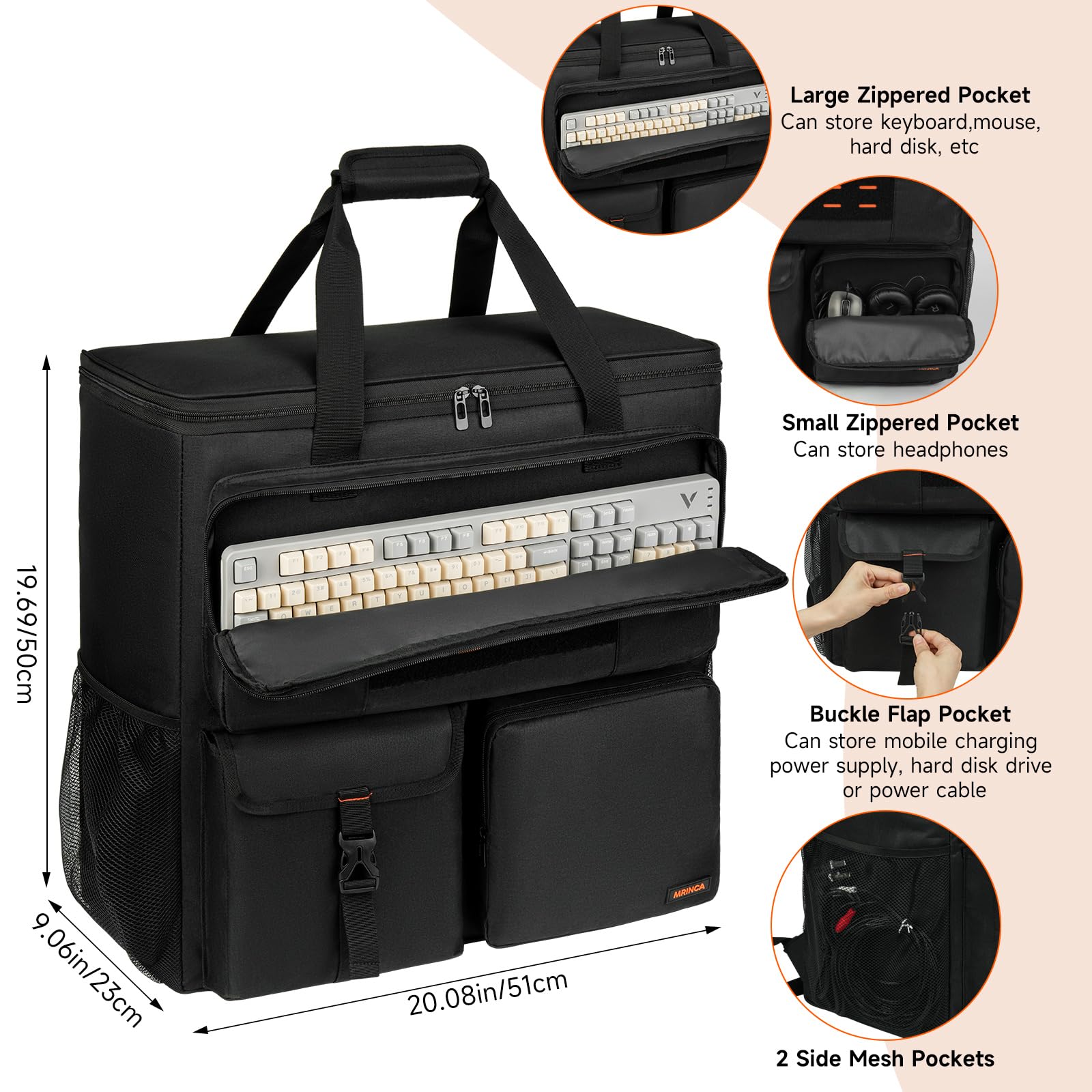 PC Travel Case Backpack for ATX Mid-Tower Desktop Computer, Portable Gaming PC Carrying Case with Pockets for Keyboard, Mouse, Cables & Accessories, Adjustable Padded Straps​