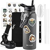 WixByti 40 oz Insulated Water Bottle with Straw (Cold for 48 Hrs), Stainless Steel Triple Wall Vacuum Sports Water Jug, Leakproof Hydro Cup Flask with Paracord Handle & Straw Spout Lids & DIY Stickers