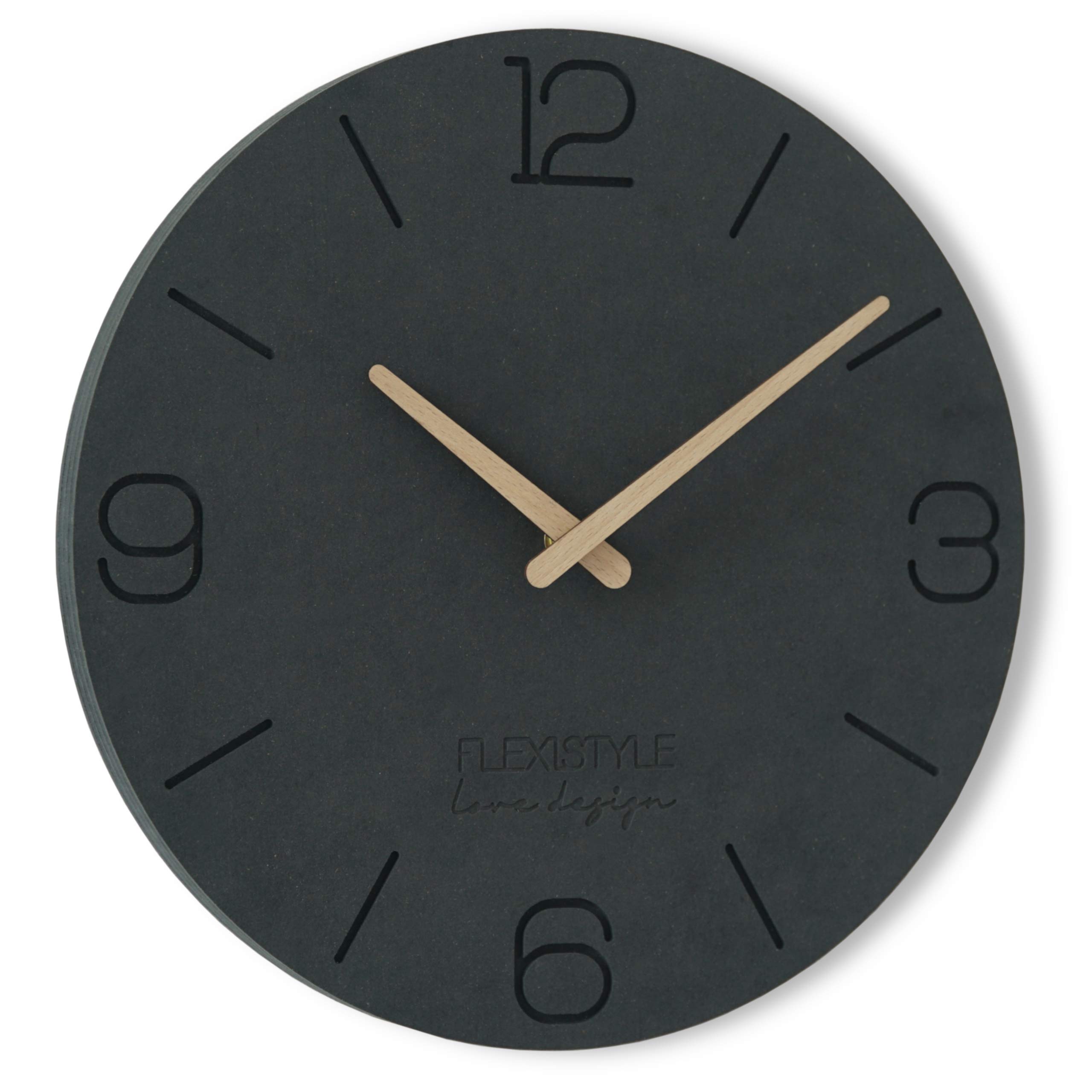 FLEXISTYLE ECO Wall Clock without Ticking Noises 30 cm, Living Room, Bedroom, Made in Europe (Black 3)
