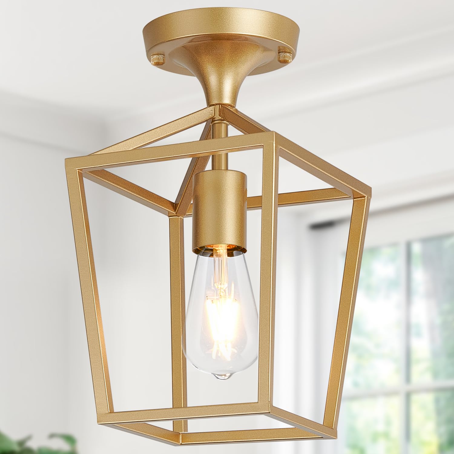 【Upgraded】Semi Flush Mount Ceiling Light,Gold Industrial Ceiling Light Fixtures, Farmhouse Light Fixture for Hallway Stairway Garage Living Room Dining Room Balcony（Not waterproof, Not for Outdoor） Image