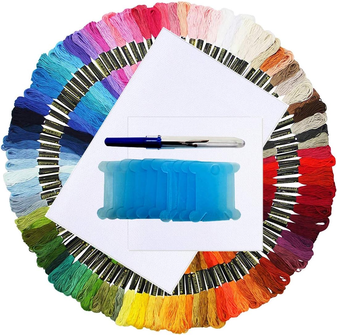 LMYJ Embroidery Floss Cross Stitch Threads Rainbow Color 100 Skeins Friendship Bracelets Crafts Floss with 14 Count Aida Cloth 10 Pieces Floss Bobbins Untwist Tool 113 Pieces Embroidery Thread Kits