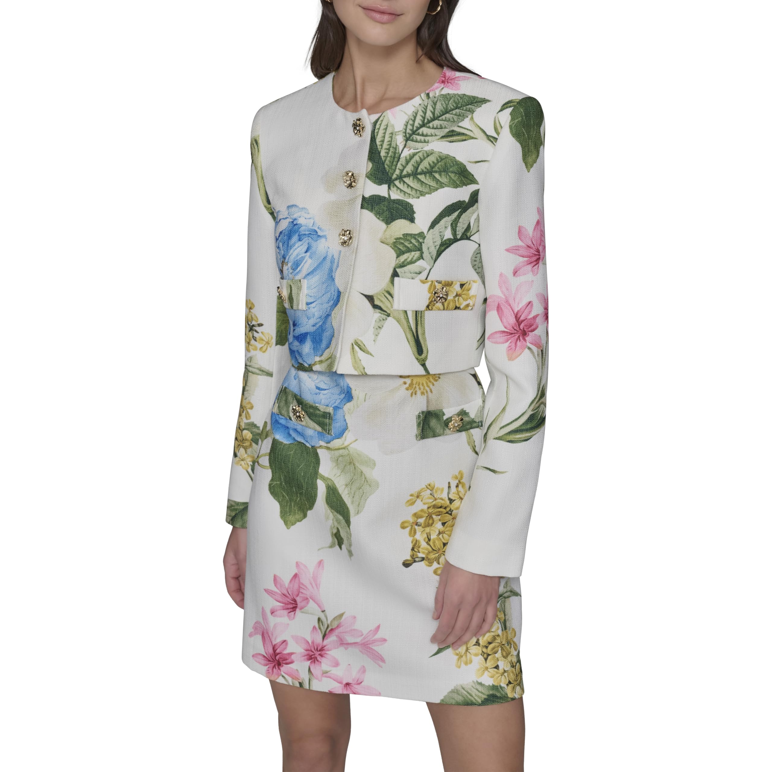 Karl Lagerfeld Paris Women’s Tailored Button Front Cropped Jacket, Soft White/French Blue Combo