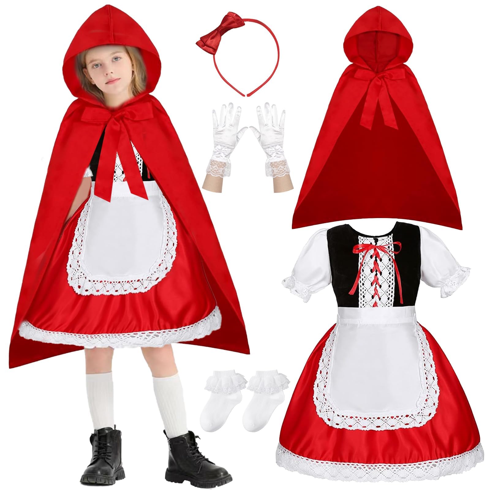 Dazzroi 6Pcs Little Red Riding Hood Costume, Red Hood Fancy Dress Up Set with Hooded Cape Dress Apron Bow Headband Gloves Socks, Tales Costumes for Cosplay Party World Book Day Halloween Carnival