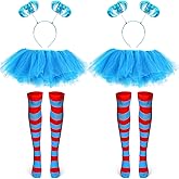 Janmercy Tulle Tutu Costume Set with Skirts Headband Ponytails Long Knee Striped Sock for Women Party Supplies