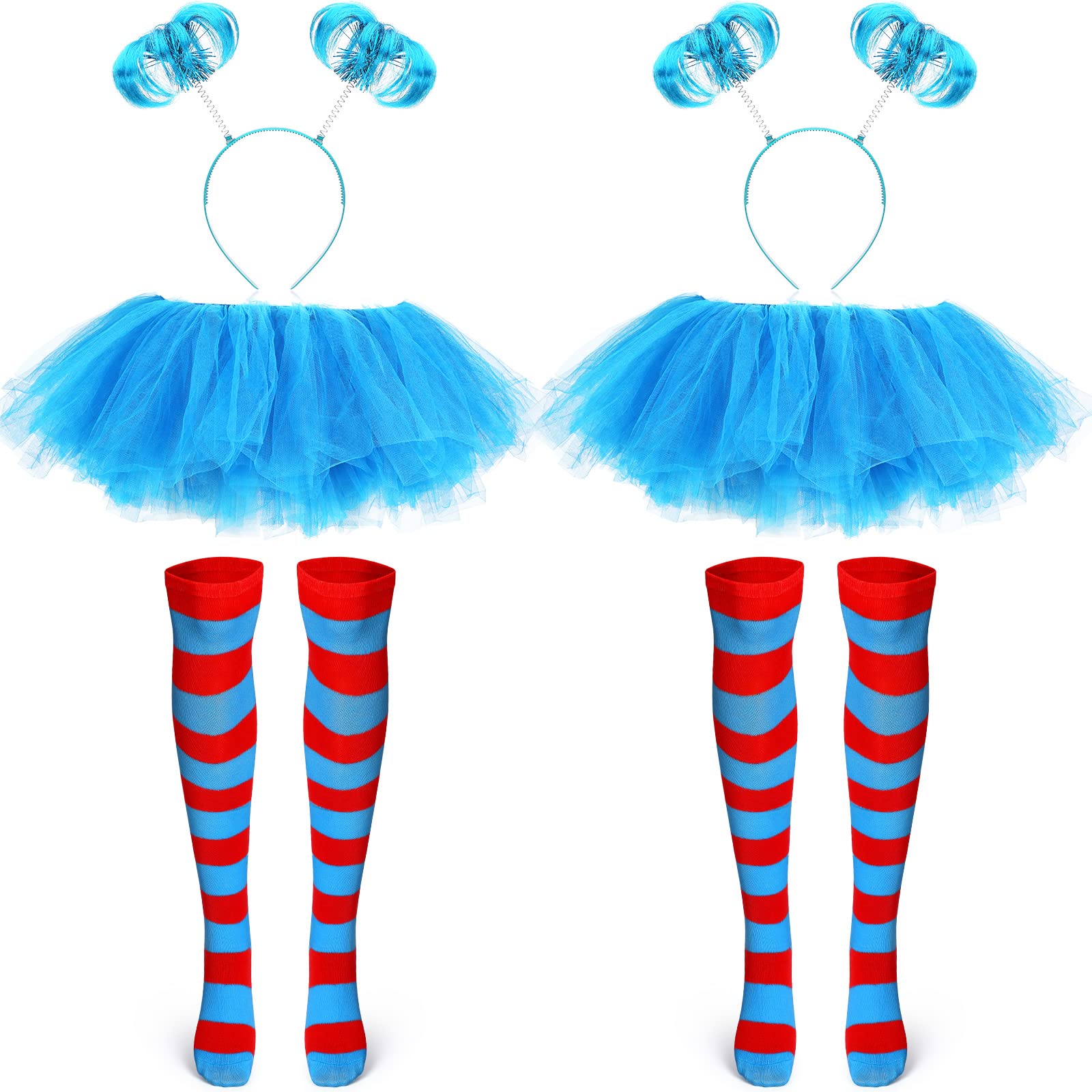 Photo 1 of Janmercy 2 Halloween Tulle Tutu Costume Set with Skirts Headband Ponytails Long Knee Striped Sock for Women Party Supplies(Sky Blue)