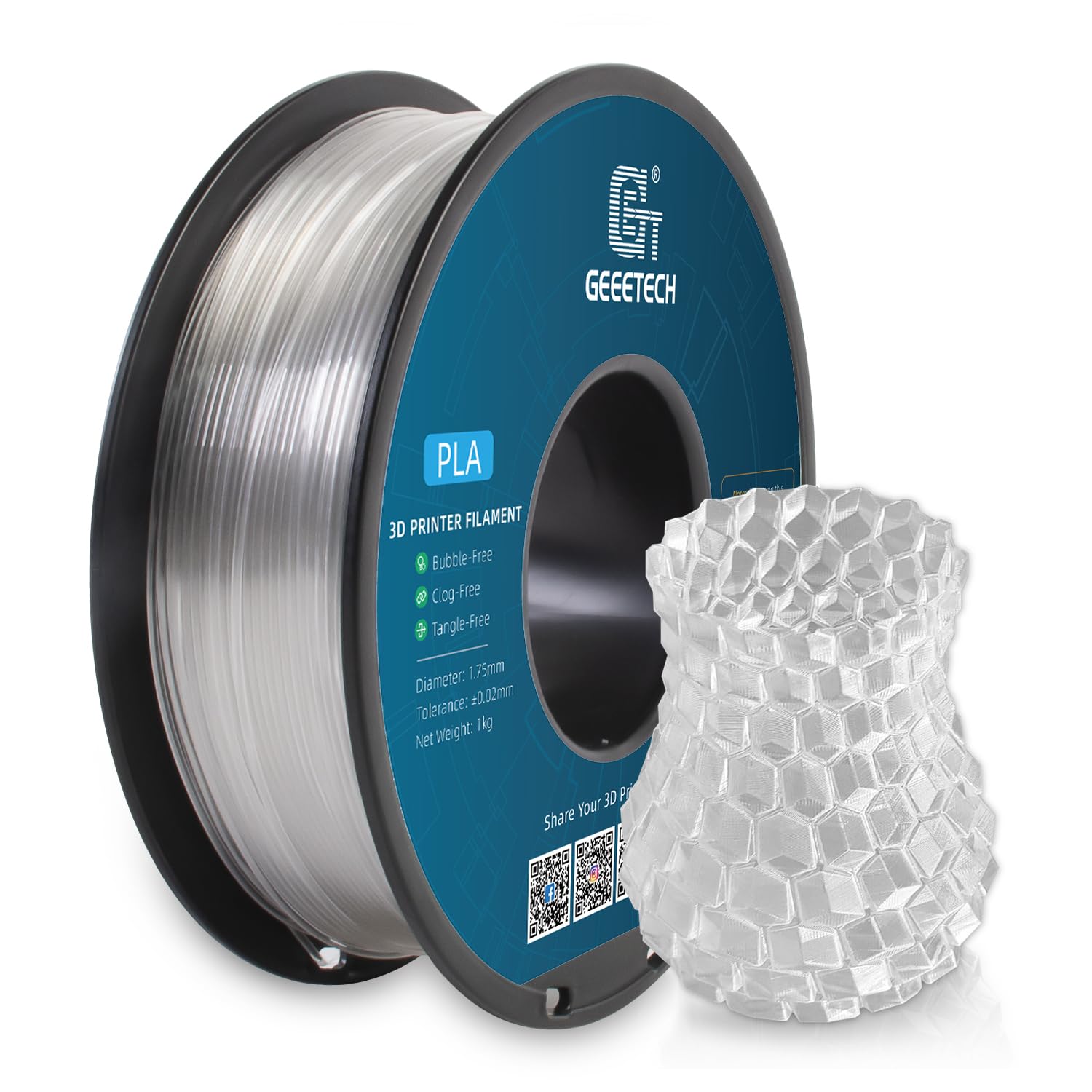 Photo 1 of Geeetech Clear PLA Filament 1.75mm, Excellent Transparency, Neatly Wound 3D Printer Filament 1kg(2.2lbs), Dimensional Accuracy +/- 0.02 mm, Fit Most FDM 3D Printers