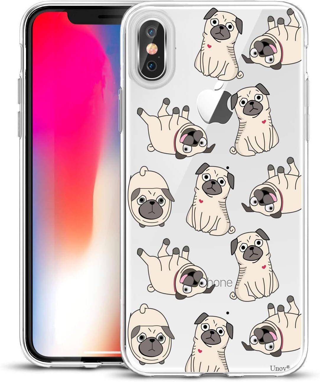 Unov Case Clear with Design Slim Protective Soft TPU Bumper Embossed Pattern Protective Back Cover for iPhone Xs Max 6.5 Inch(Pug Dog)