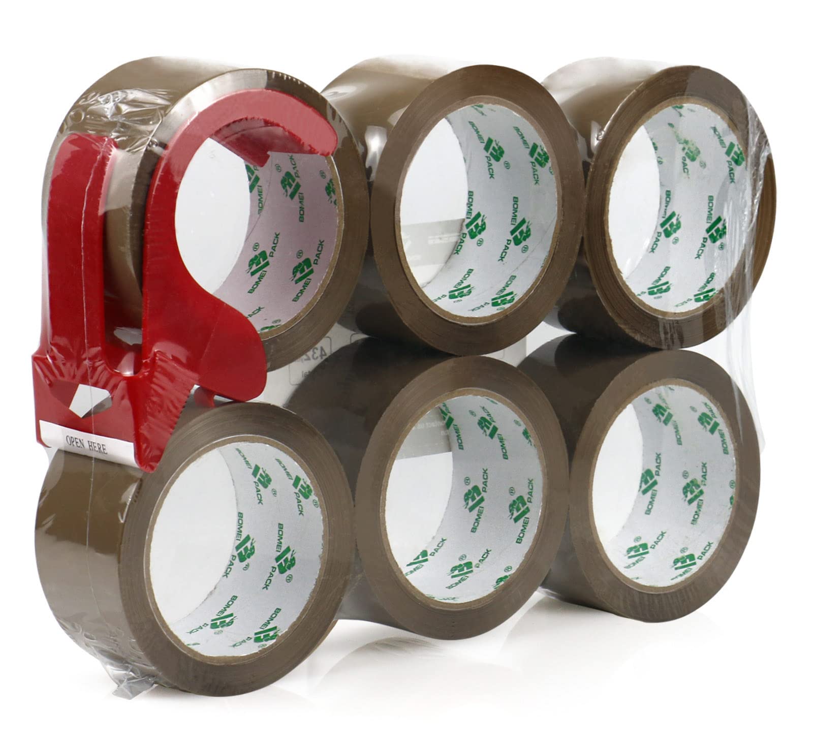 BOMEI PACK Quiet Box Tape Brown No Noise Box Secure Tape Silent Packing Tape,Heavy Duty Moving Cartons Sealing Tape,6 Rolls 60mic x48mm x66m with a Dispenser