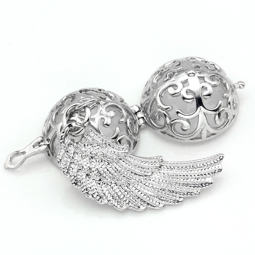 JOVIVI Engelsrufer Anhänger,Hollow Engelsflügel Käfig Locket Anhänger Halskette Ø 16mm Klangkugel mit 71cm Kette (Himmelblau)