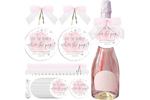 MotiMind 50 Set Pop Bottle Tags, Champagne Baby Shower Favor Labels When Pops Tags with Bows and Ribbon for Party Guest Gifts(Pink)