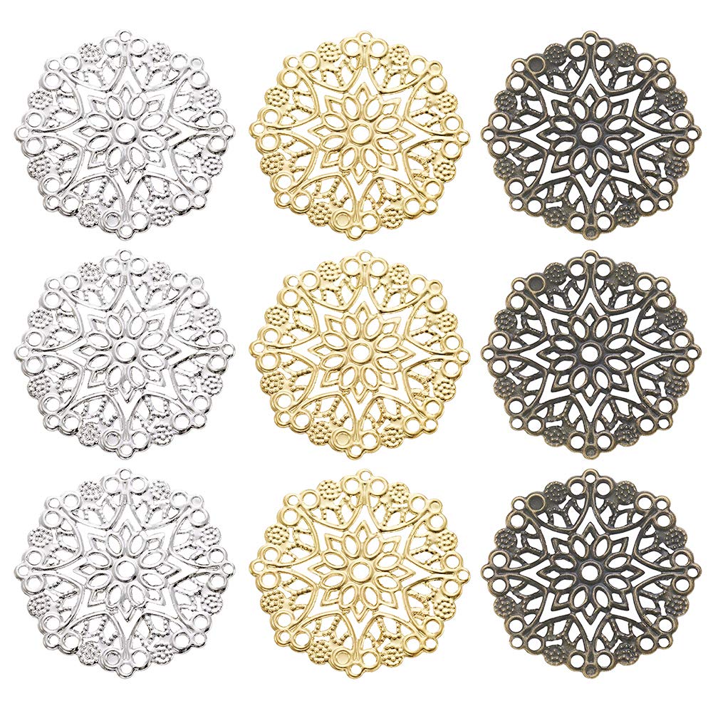 PandaHall 60pcs/Box Iron Filigree Connectors Charms Pendants Round Mixed Color Embellishments for Jewelry Making