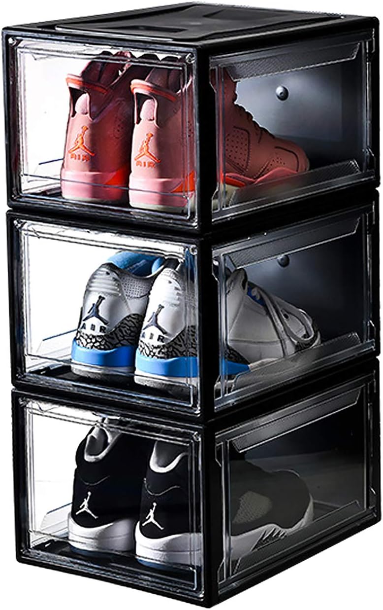 shoe box storage box on Amazon Com 3 Pack Shoe Storage Box Clear Plastic Shoe Boxes Stackable Shoe Organizer For Men And Women Black Home Kitchen