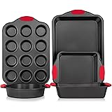 Bakeware Sets, Avoson Nonstick Bakeware Baking Pans Tray Set with Red Silicone Grips Carbon Steel with Cookie Sheet, Baking P