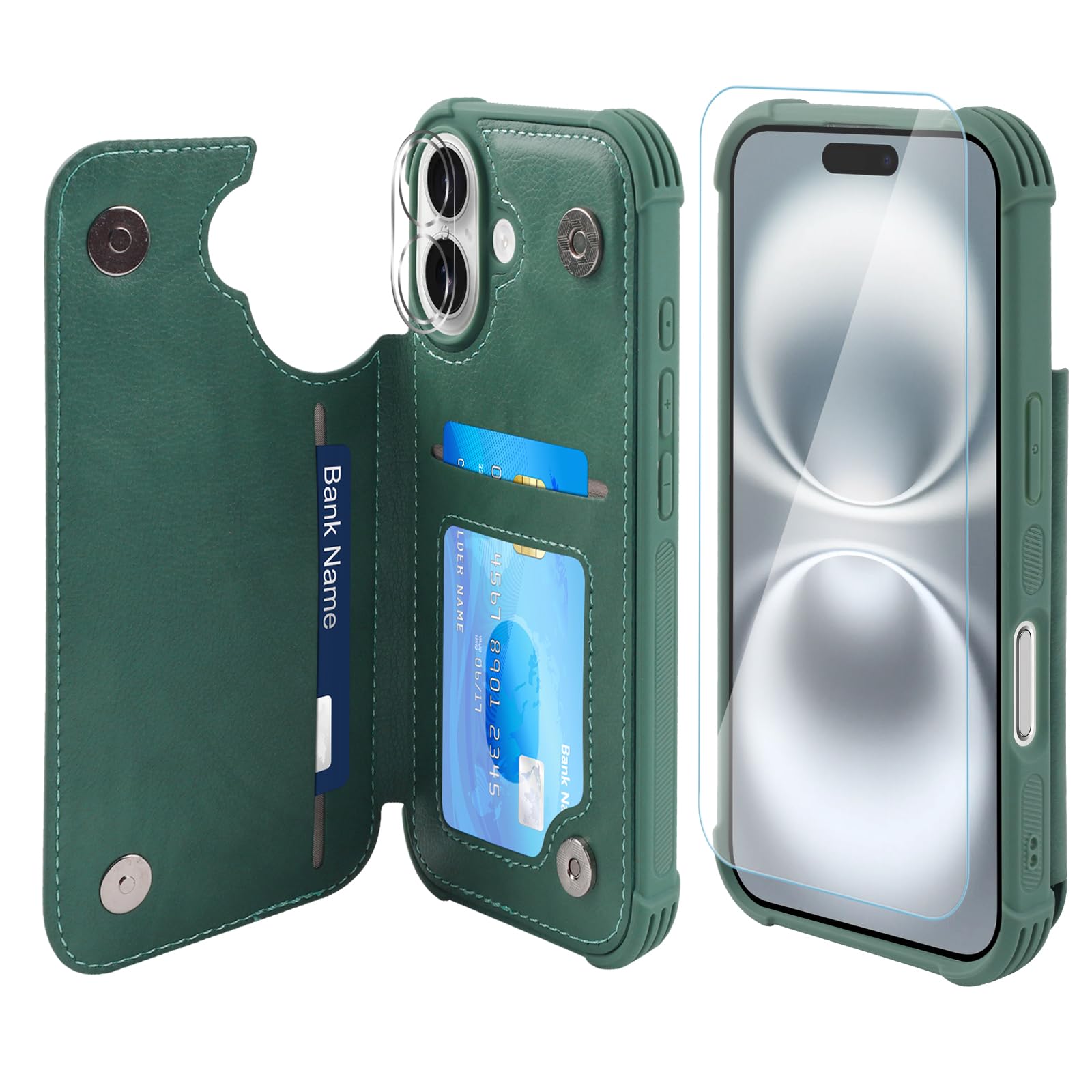 VANAVAGY Compatible for iPhone 16 Wallet Case with Credit Card Holder,Rfid Block Leather Flip Folio Phone Cover Fits Magnetic Car Mount and Stand with Screen Camera Protector,Forest Green