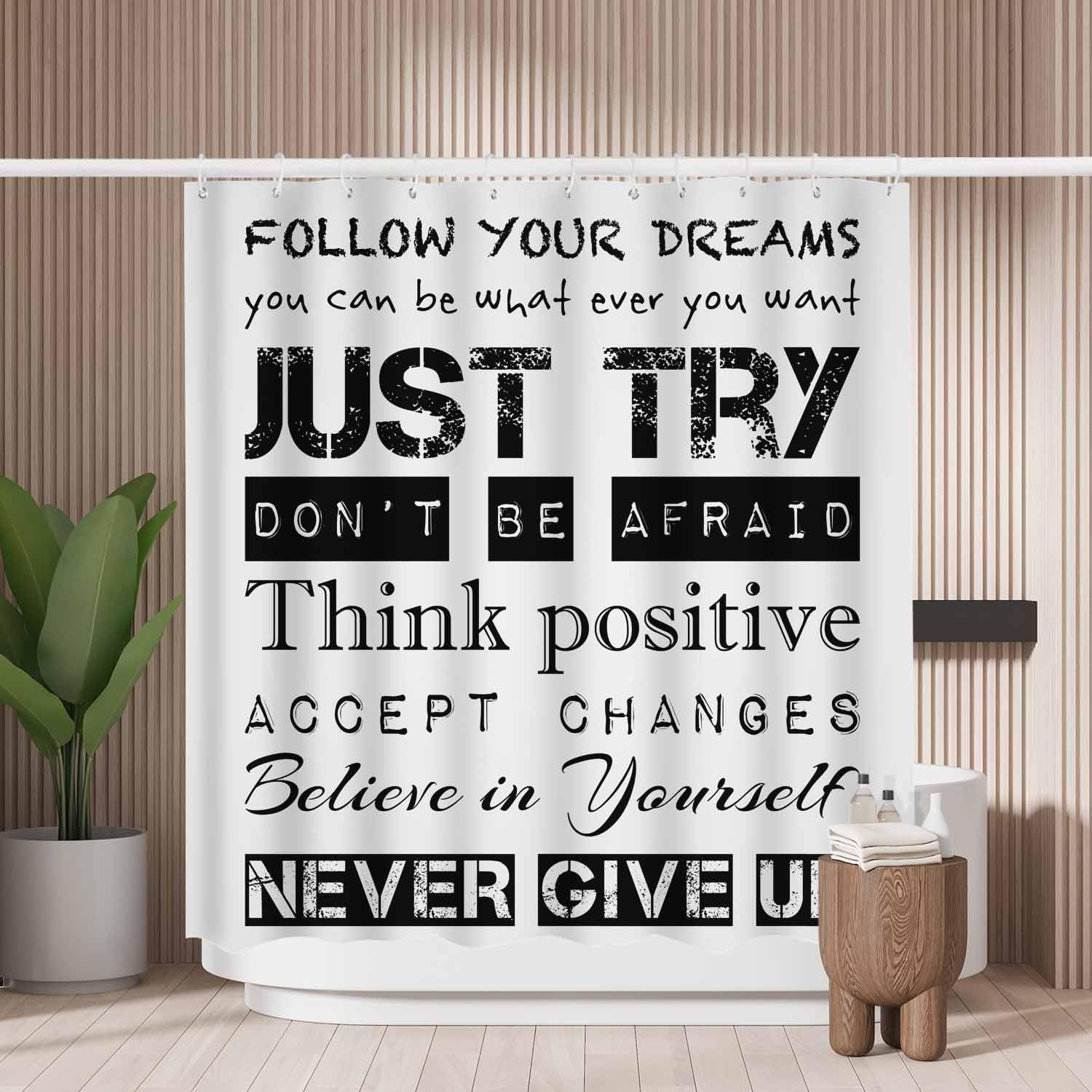 Woutay Shower Curtain Mould Proof Resistant Inspirational Motivational Quotes Just Try,Water Repellant Fabric,Polyester,with 12 Plastic Hooks,Size 180x180CM